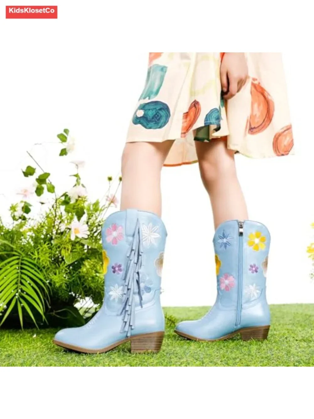 Floral Embroidered Fringe Cowgirl Boots with Side Zipper for Little Big Kids